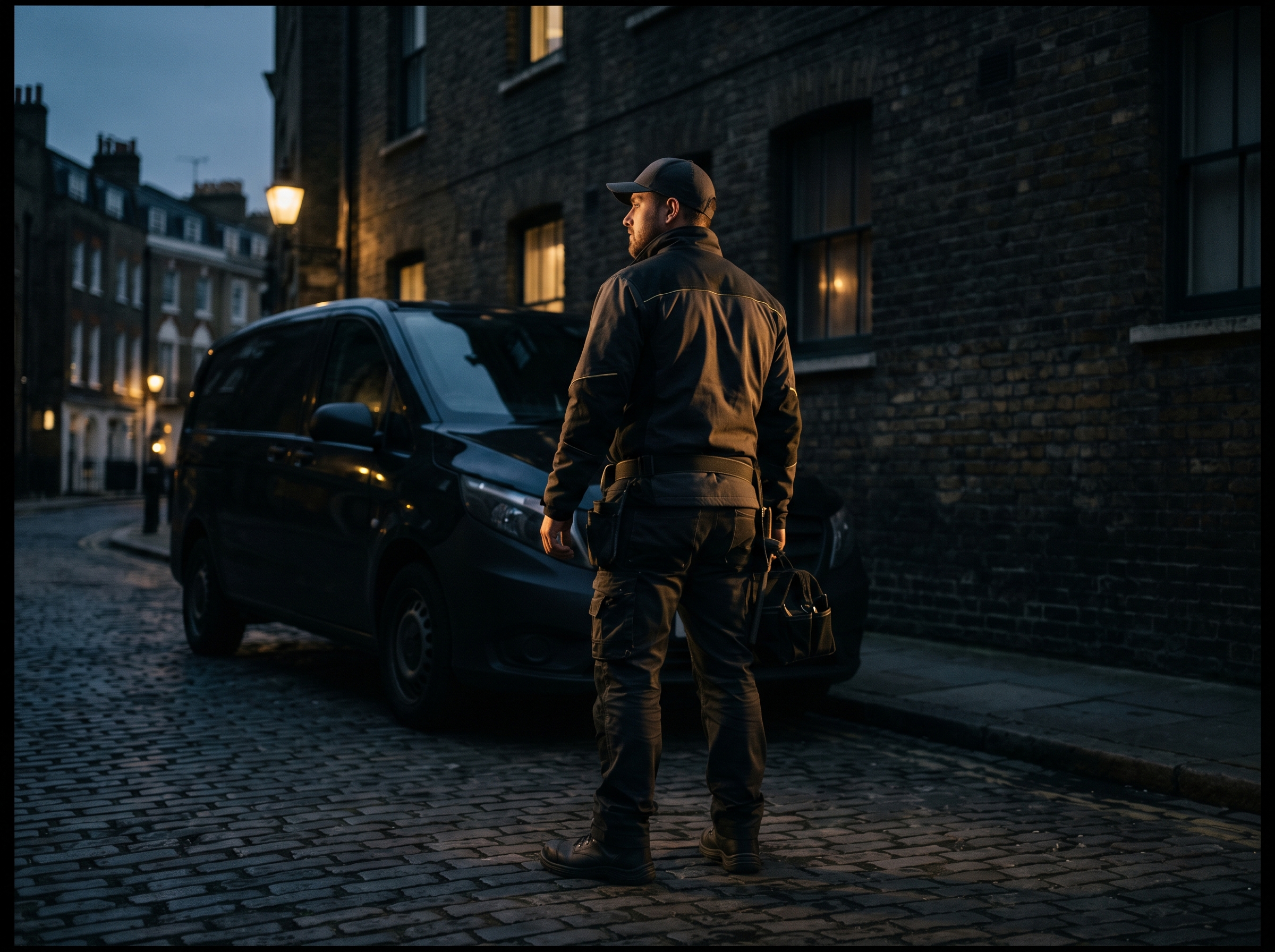 A professional Ace Electrical engineer beside a works van at dusk