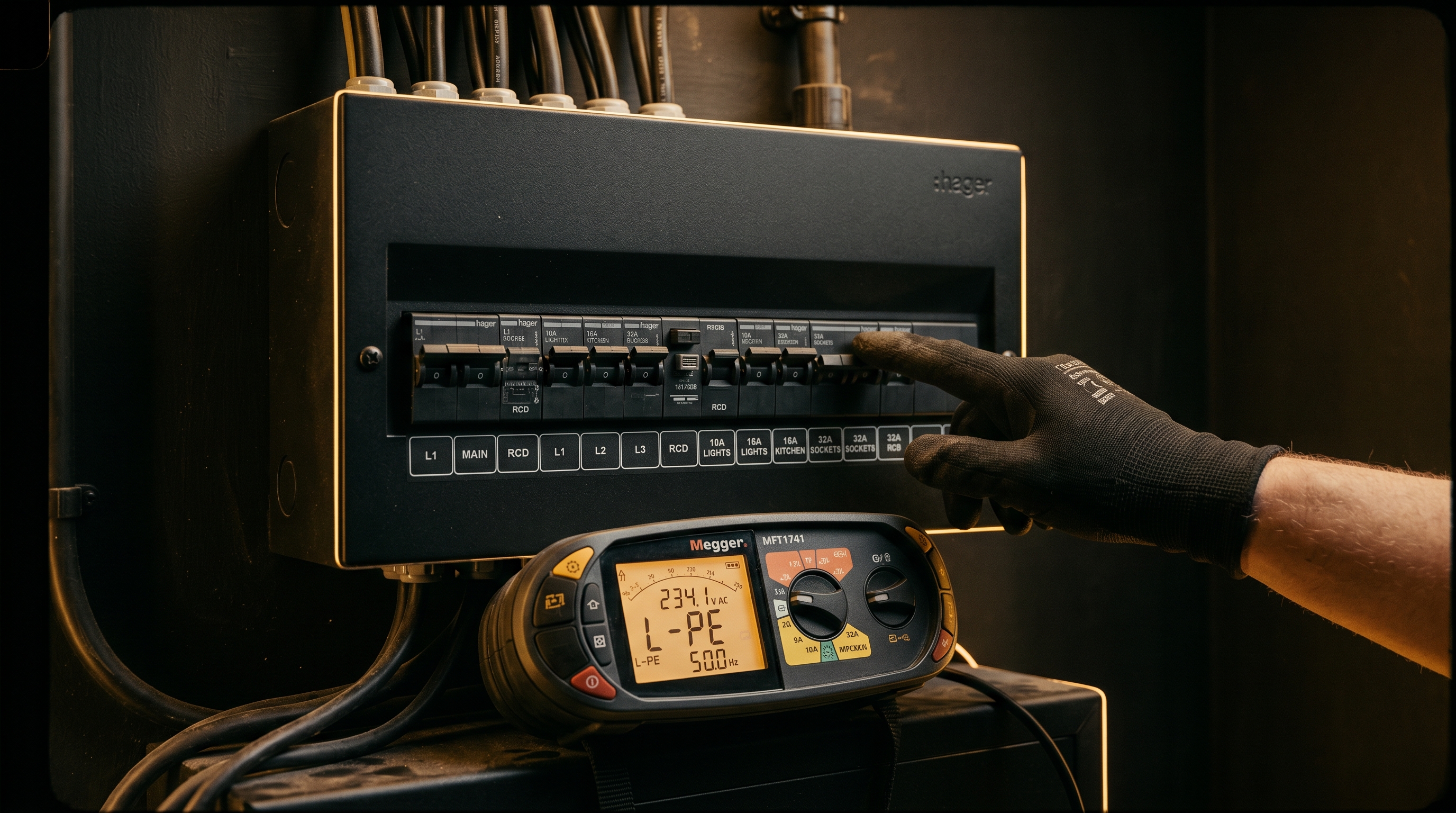 A multifunction electrical tester resting against a matte-black consumer unit during an EICR inspection