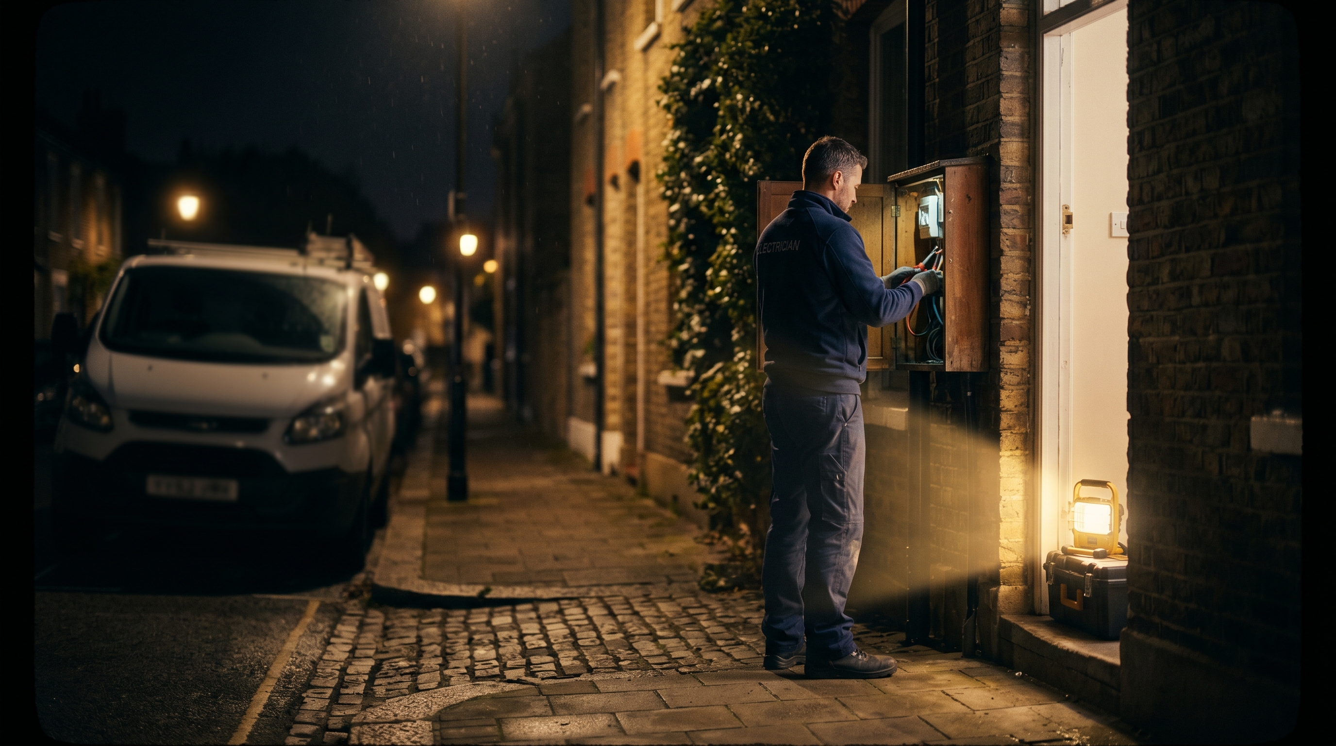 Electrician responding to an emergency callout at a London property at night