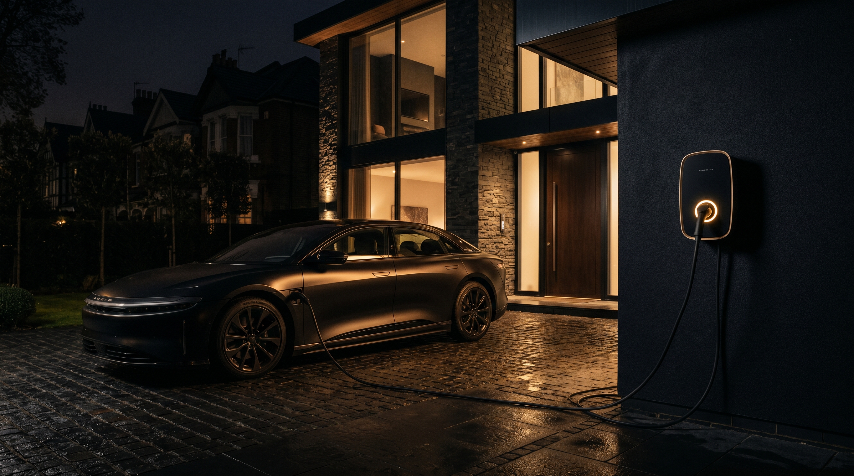A premium electric car charging from a sleek matte-black wall charger at a London home at night