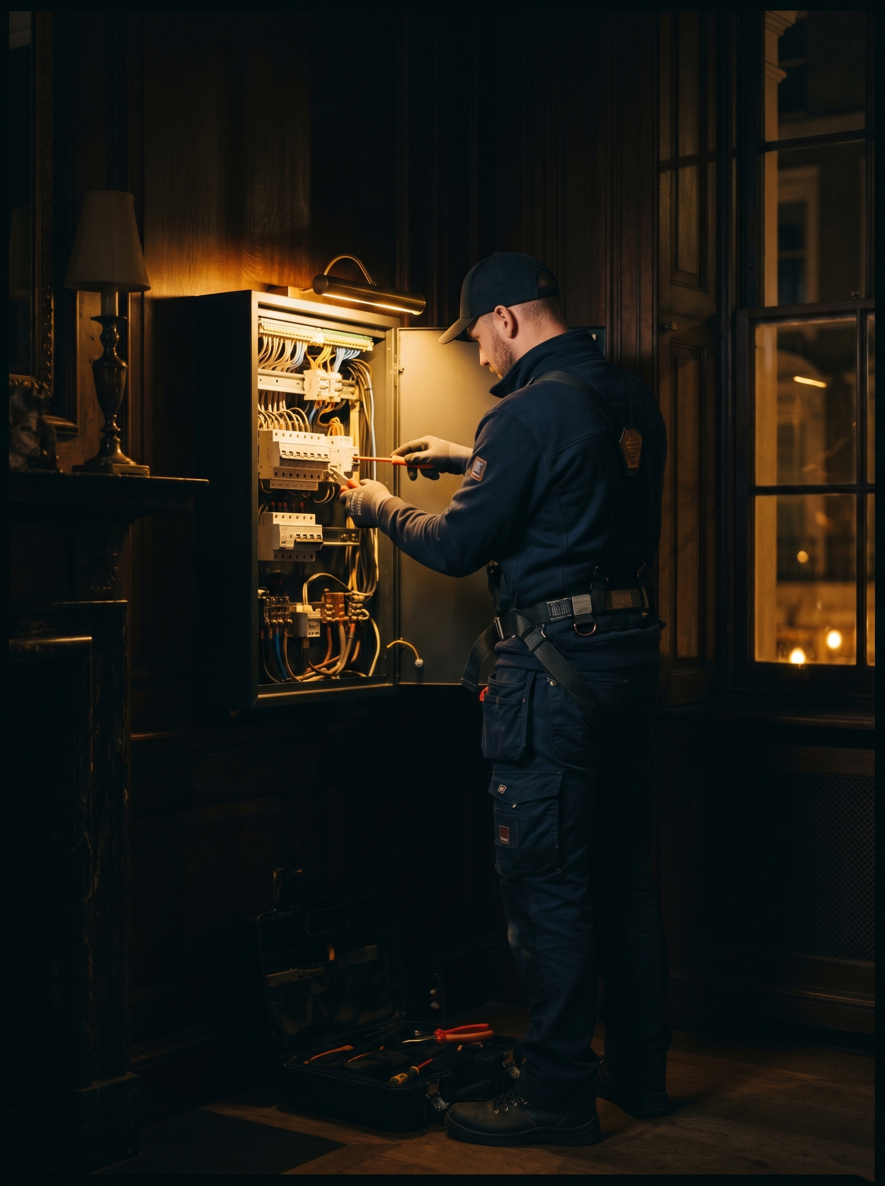 A professional electrician working on a wall-mounted distribution board under warm task light